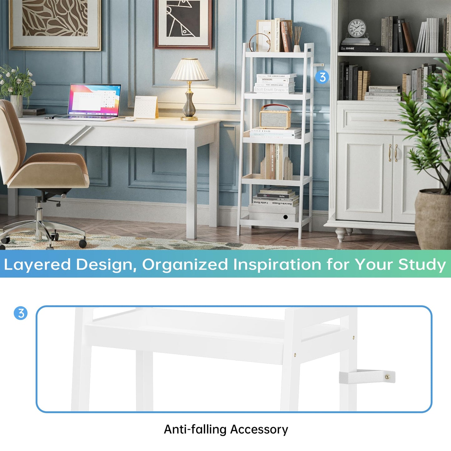 SMIBUY Bamboo Ladder Bookcase, Bathroom Storage Rack Organizer, 4 Tier and 5 Tier Freestanding Plant Display Stand Space Saver Shelves for Bedroom, Kitchen, Balcony (White, 5 Tiers (50" H))