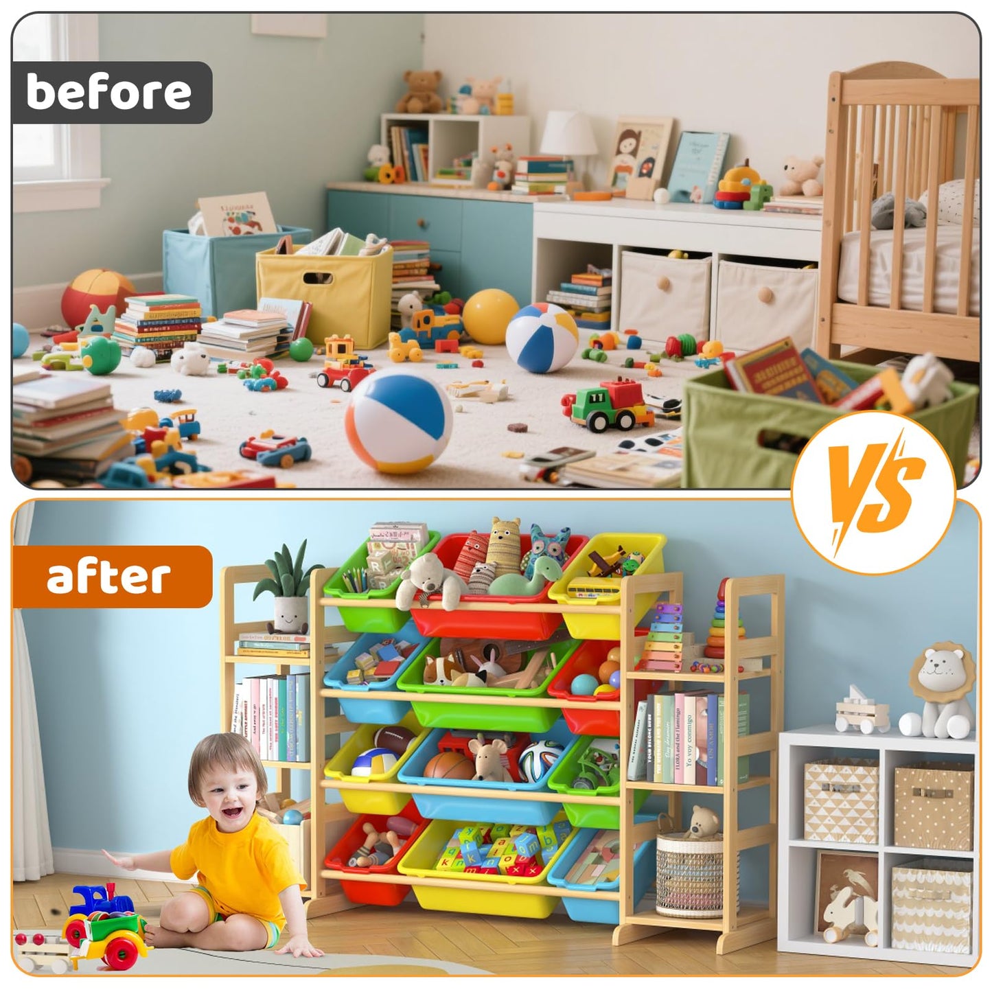 Ratulie Large Toy Storage Organizer Kids Toy Organizer and Bookshelf Combo with 12 Bins and 6 Shelves Toy Organization Box Toy Shelf for Playroom, Bedroom, Nursery
