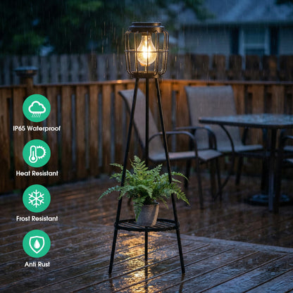 VISFLAIR Solar Lights with Plant Stand, Outdoor Floor Lamp, Waterproof Solar LED Edison Bulb Light Flower Shelf for Patio Porch Deck Yard Garden Decor-1 Pack