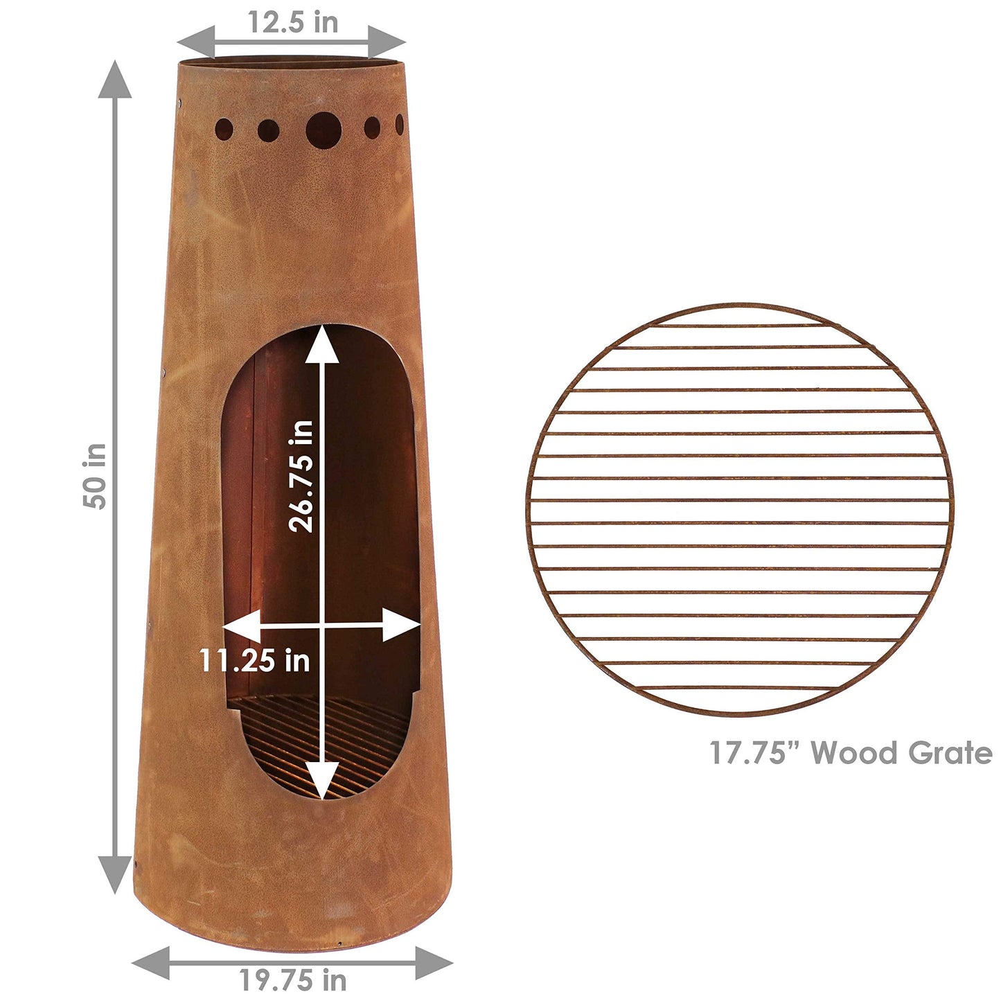 Sunnydaze Santa Fe 50-Inch Chiminea Outdoor Fire Pit - Wood-Burning Chiminea Outdoor Fireplace with Wood Grate - Rustic Patina Finish