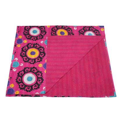 Marubhumi Indian Handmade Traditional Unique Print Kantha Quilt Indian Cotton Bedding Throw Blanket Bespread Hand Stitched with Love (Pink, Queen (90"x 108"))