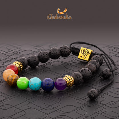 Amberalia Chakra Bracelet, Adjustable, Lava Stone Beads, Tree of Life Charm, Gold