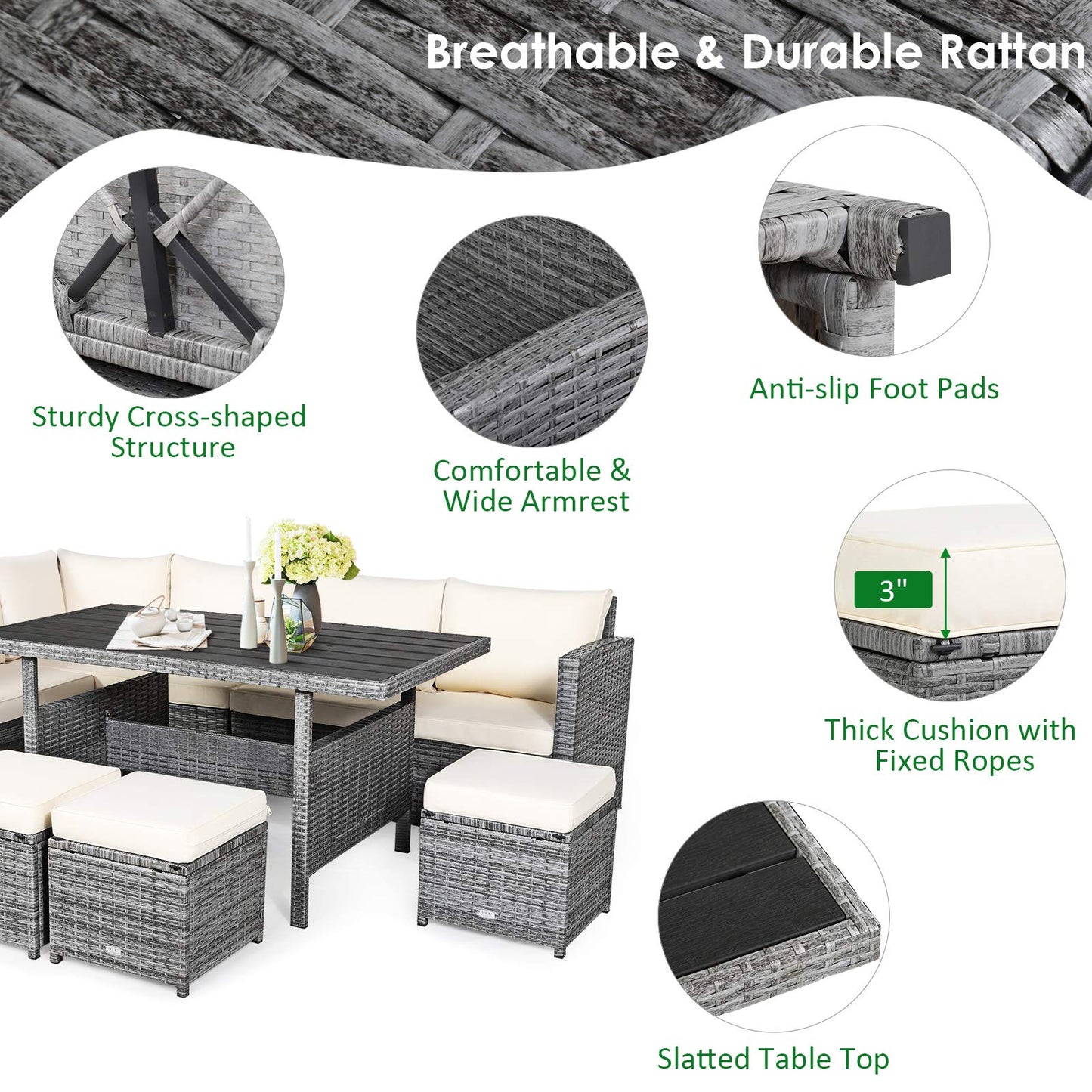 Tangkula 7 Pieces Patio Furniture Set, Outdoor Sectional Rattan Dining Sofa Set with Cushions, All Weather Wicker Conversation Couch Set with Dining Table & Ottomans for Yard Garden Poolside, White