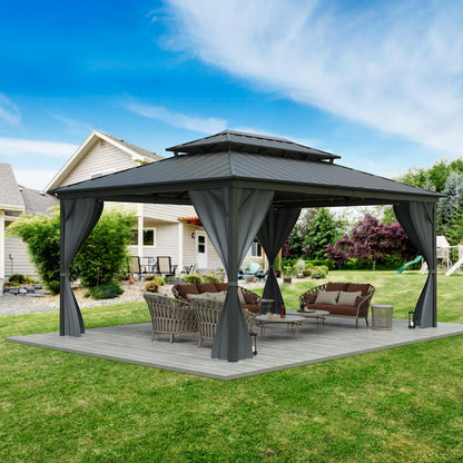 12Ft x 16Ft Hardtop Gazebo, Aluminum Metal Outdoor Gazebo with Breathable Netting and Curtains, Double Metal Roof, Galvanized Steel Heavy Duty Gazebos for Backyard, Wedding, Party