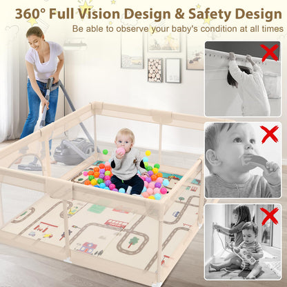Baby Playpen with Mat 79x71inch - Extra Large Play Pen for Babies and Toddlers Indoor & Outdoor Baby Playard with Soft Breathable Mesh Cover - Sturdy Foam Infant Gate Playpen(Apricot)