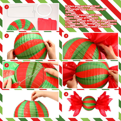 Riakrum 12 Pcs Christmas Candy Paper Lanterns 10 Inch Red Green White Christmas Hanging Paper Lantern Decorations Craft Sets for Xmas Party Supplies Indoor Outdoor Decor