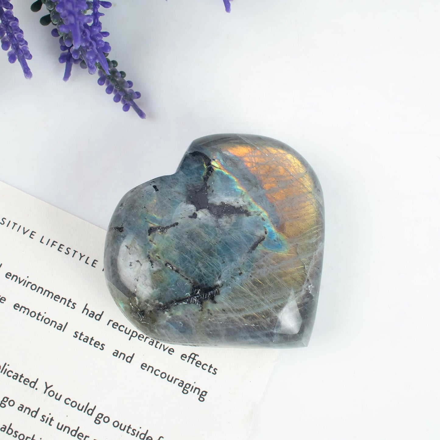 Crocon 50mm Purple Labradorite Heart stone Big Heart Shape Puff Stones Set 450+ Carats Pocket Crystal Healing Tumble Collection Palm Worry Stone Good Luck Charm Meditation Gift Craft Home Decor