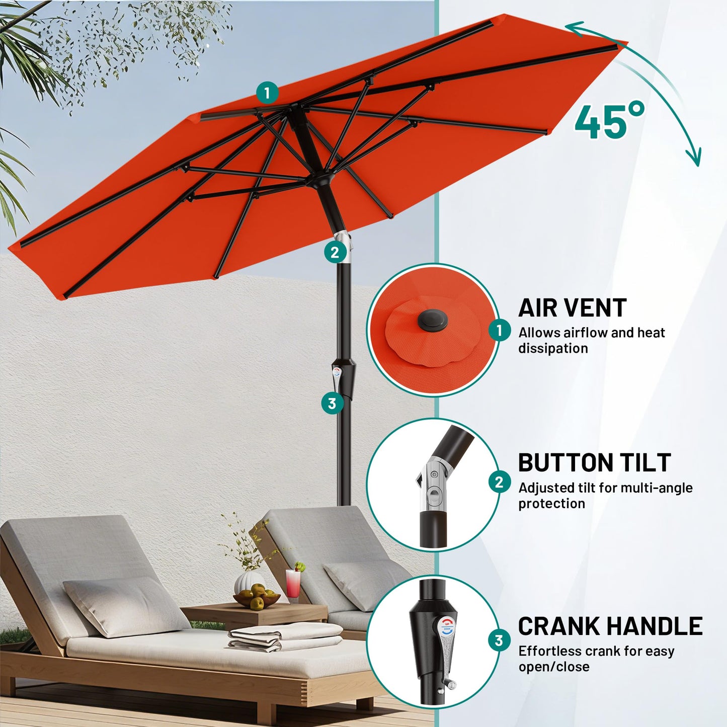AreShark 9 FT Patio Umbrella for Outdoor, Outdoor Table Umbrella with Push Button Tilt and Crank, Outdoor Patio Umbrellas with 8 Sturdy Ribs for Market, Garden, Pool (Orange)