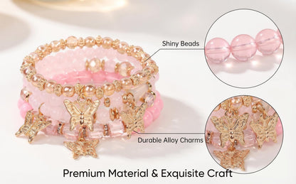 LOTSOF Boho Flower Beaded Bracelet Set for Women - Multilayer Crystal & Flower Charm Stackable Bracelets, Fashion Jewelry Gift for Her (Pink Butterfly)