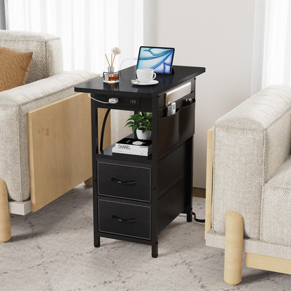 Yenlure Small Side Table with Charging Station, Narrow Nightstand Bedside Tables with Storage Pocket for Living Room Bedroom, Sofa End Table with USB Ports and Power Outlets for Small Spaces