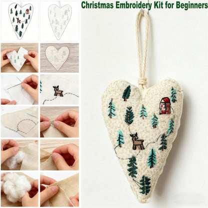 GDGJWL DIY Heart Shaped Hand Embroidered Christmas Ornament Kit Complete Craft Set with Pre-Printed Fabric Embroidery Thread Holiday Cross Stitch Decor for Beginners Adults and Home Decor (DIY)