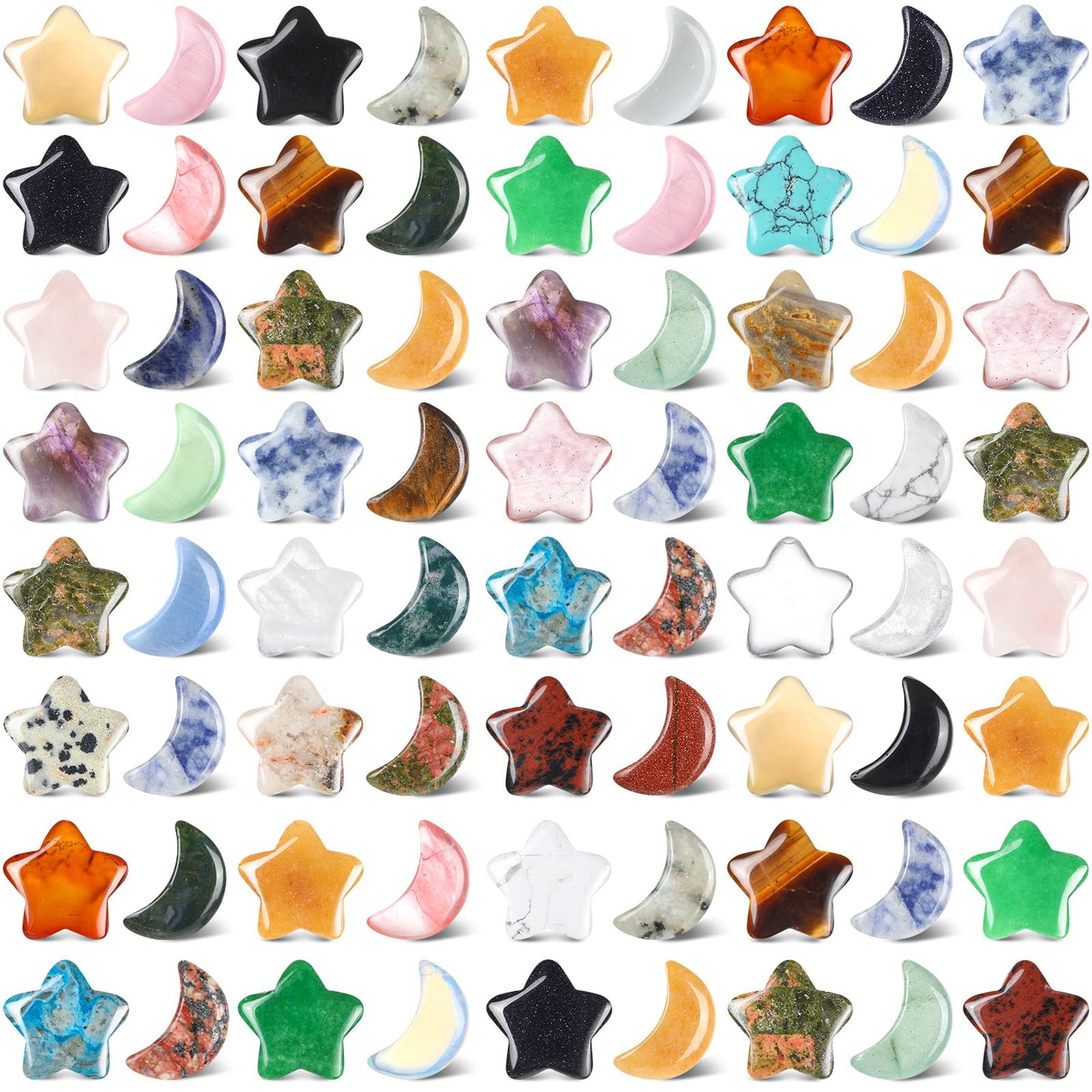 Nuenen 72 Pieces 0.8 inch Star and Moon Worry Stones Crystal Bulk Moon Shaped Thumb Gemstones Polished Pocket Star Palm Stones Bulk for Witchcraft Meditation Reiki Balancing Decor