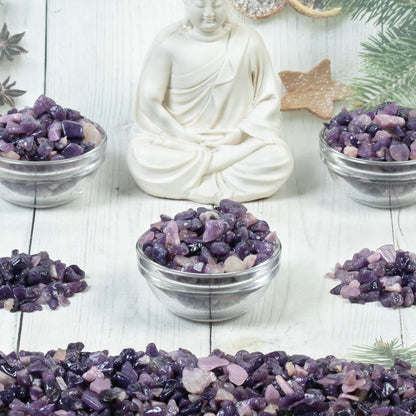 Crocon 1/2 LB Crushed Lepidolite Chips Bulk Stones 1100+ Carats Natural Quartz Pieces Irregular Shape Gemstones for House Warming Gifts New Home and Chakra healing crystals Home Decor gifts for women