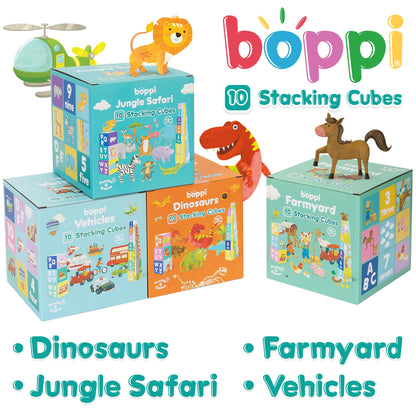 boppi Baby Stacking Blocks Vehicle Toys with Letters and Numbers, Montessori Cubes for Toddlers, Preschool Learning Toys