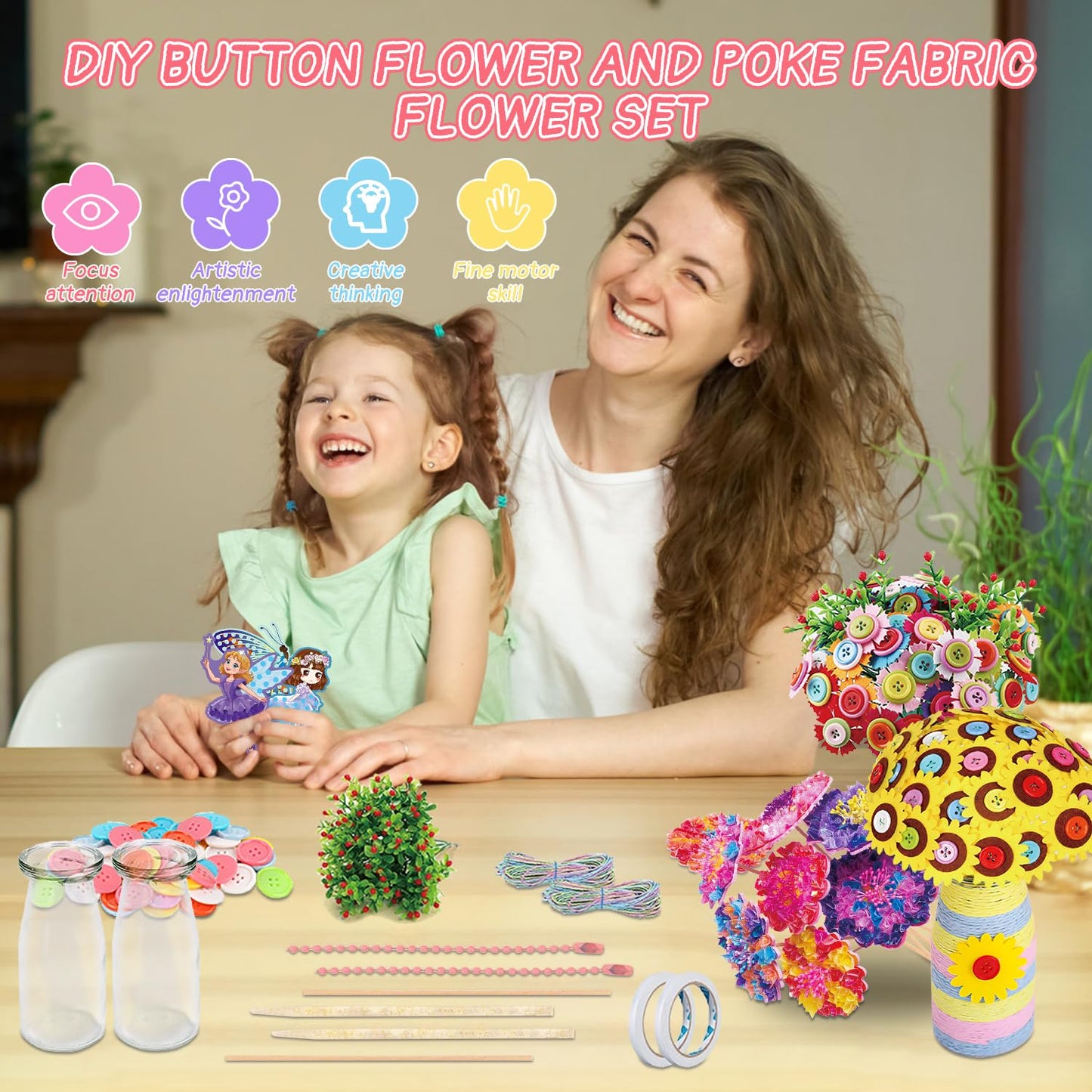 Mostop Poke-in Art Flower Bouquet DIY Craft Kit for Girls Age 4-5 6-7 8-12, Mess-Free Button Felt Flower Making Set, Creative Activity Educational Birthday Gift Toys for 6-8 8-10 Year Old Kids