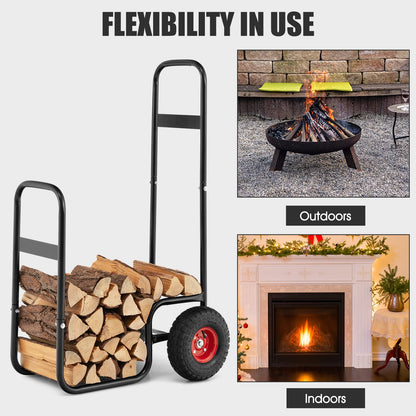 Goplus Firewood Cart with Wheels, Outdoor Indoor Rolling Fire Wood Log Cart with Pneumatic Rubber Tiers, 220 LBS Load Capacity Heavy Duty Steel Wood Storage Hauler, Log Holder Rack for Fireplace