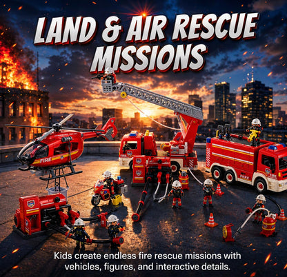 Tiny Force Fire Rescue Set – Fire Truck with Ladder, Toy Helicopter, Motorcycle & Fire Water Pump, Emergency Pretend Play Toys for Kids & Toddlers