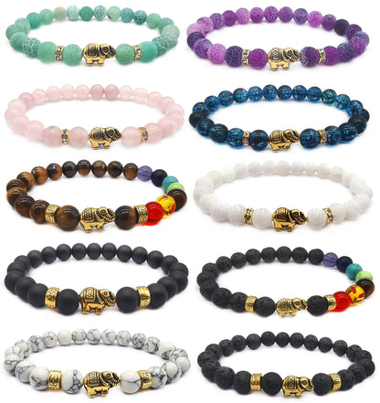 Jewdreamer 10Pcs 8mm Chakra Bead Bracelet Elephant Gifts for Women Men Natural Stone Bead Bracelets Lava Rock Reiki Crystals Yoga Bracelets