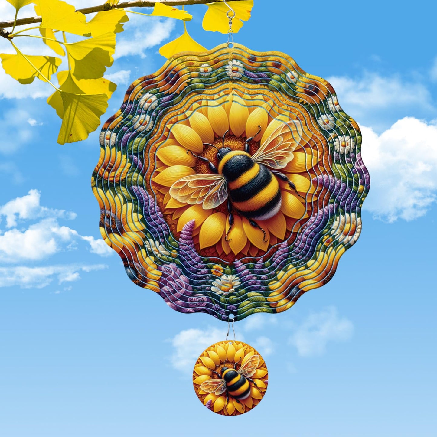Rngmsi Sunflower Wind Spinners Outdoor Garden Decor for Outside, 3D Metal Bee Wind Spinner Hanging Decor Kinetic Art for Yard, 12 in Stainless Steel Hanging Gifts for Women Housewarming