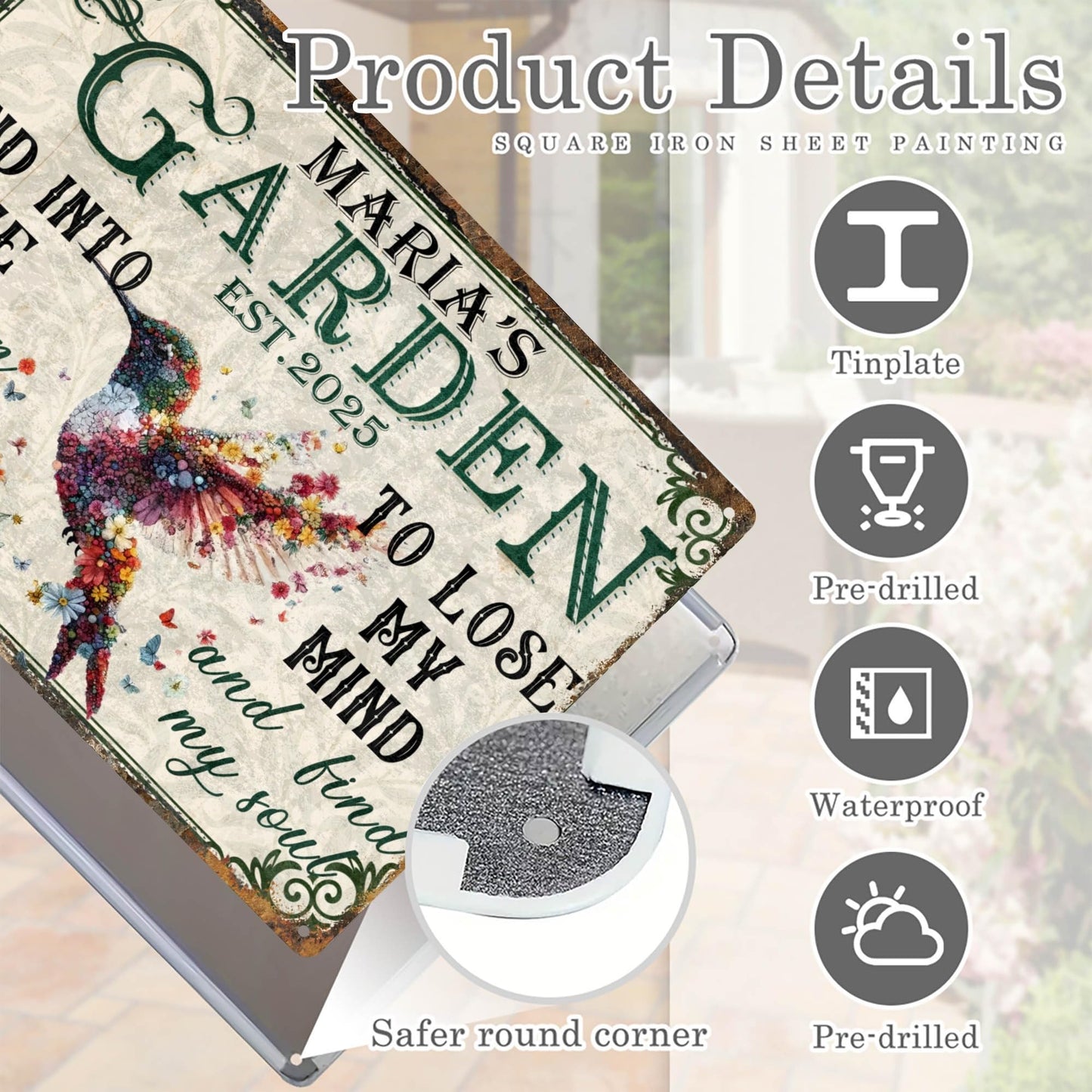 Custom Garden Signs Personalized Metal Tin Sign for Women, Retro Funny Hummingbird Metal Sign for Outdoor, Patio, Yard Rustic Home Decor Gift for Mothers Day, Grandmas, and Gardening Lovers