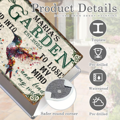 Custom Garden Signs Personalized Metal Tin Sign for Women, Retro Funny Hummingbird Metal Sign for Outdoor, Patio, Yard Rustic Home Decor Gift for Mothers Day, Grandmas, and Gardening Lovers
