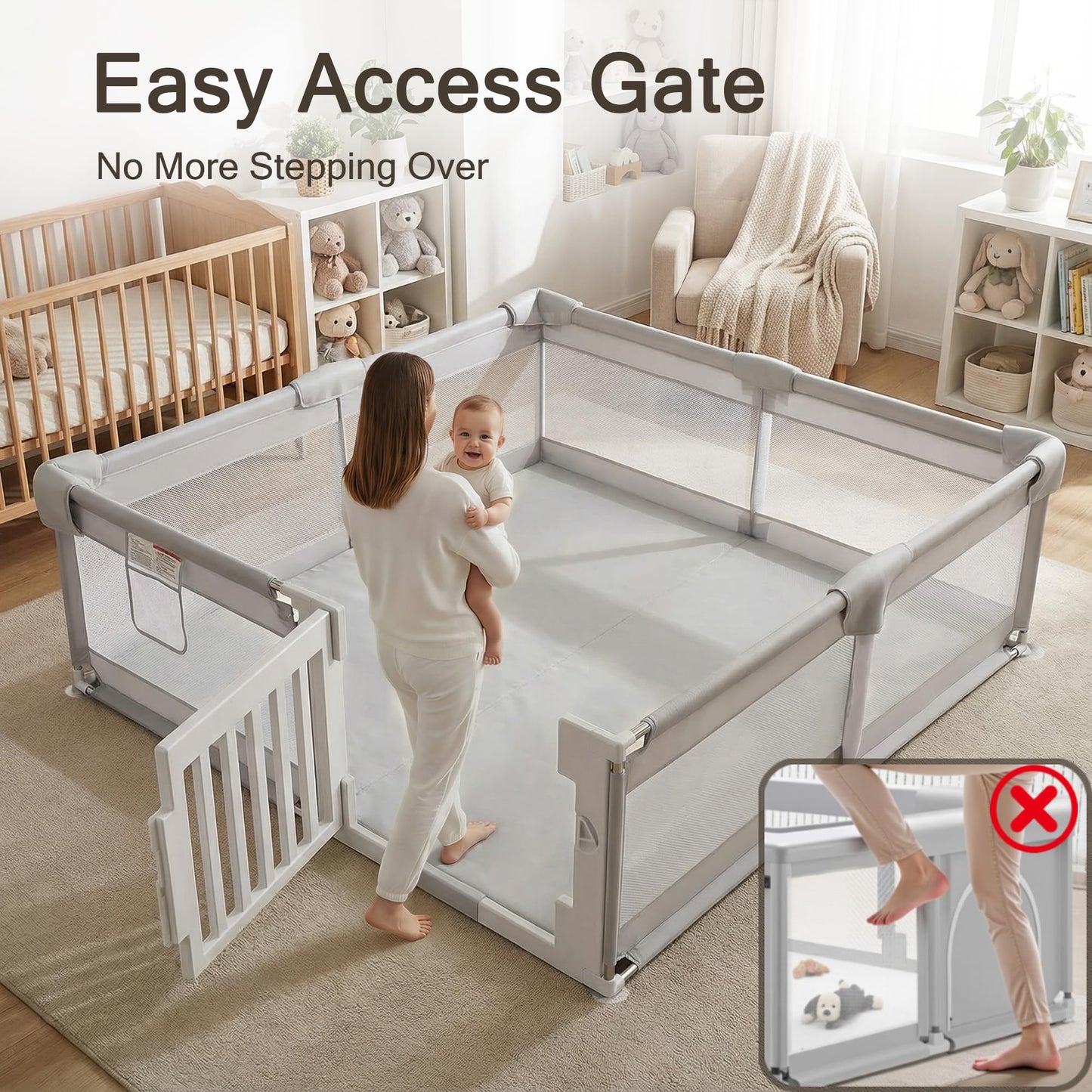Funyoo 79" ×71" Baby Playpen with Gate, Large Baby Play Pen for Babies and Toddlers, Infant Fence Play Yard with Door for Living Room, Anti-Fall, Breathable Mesh