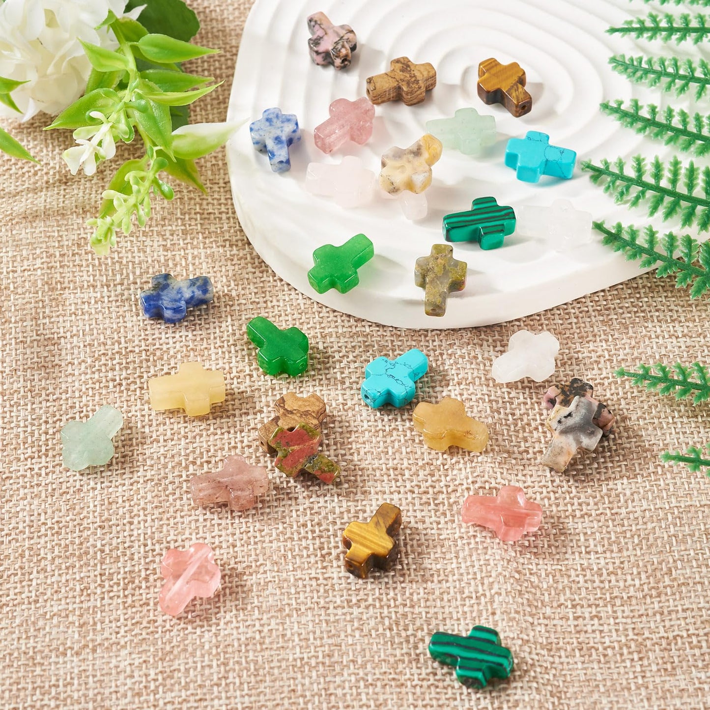 30 Pcs Gemstone Cross Beads Small Crosses Crystal Stone Bead Turquoise Cross Beads Small Crucifix Charms for Easter Holiday Bracelet Necklace Jewelry Making