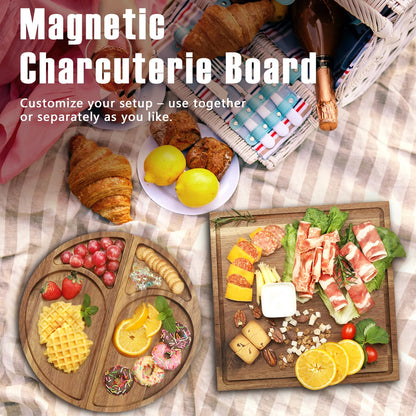 Extra Large Magnetic Charcuterie Board Cheese Board Gift Set 3 Part Square & Round & Heart Shaped Acacia Wood Charcuterie Cheese Boards Wooden Tray Serving Board Platter for Valentine