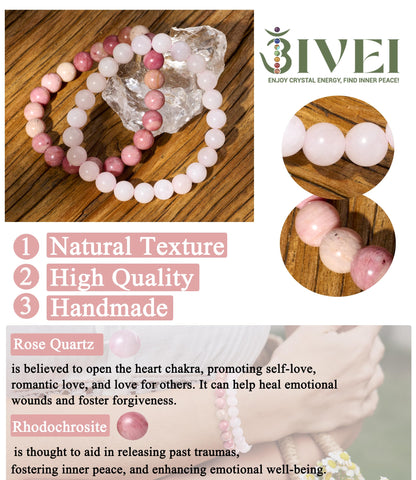 Bivei Natural Gemstone Semi Precious Crystals Handmade Stretchy Round Beads Bracelet, Enhance Positive Energy,Stocking Stuffers for Women(Rose Quartz & Rhodochrosite (Self Love) Medium)
