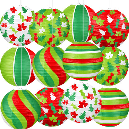 ADLKGG Christmas Party Decorations, Red Green Christmas Trees Bell Candies Printed Paper Lantern Decorative for Holiday Xmas Party Baby Shower Birthday Indoor Outdoor, 12Pcs