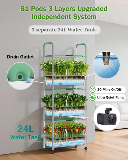 Growell Large Hydroponics Growing System Kit, Vertical Indoor Herb Garden Kit with LED Grow Light & Independent Water Pump, 42L Movable Indoor Planter Perfect Gardening Gifts (3 Tier-81 Pods Green)