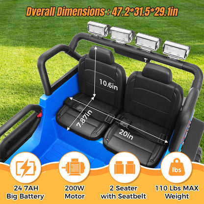 Hikole 24V 2 Seater Ride On Car for Kids with Remote Control, 4X4 400W XL Power Truck Wheels with 20" Wide Seat, Soft Start, 3 Speeds, Music, Bluetooth, 24 Volt Ride On Toys for Girls Boys 3-8, Blue