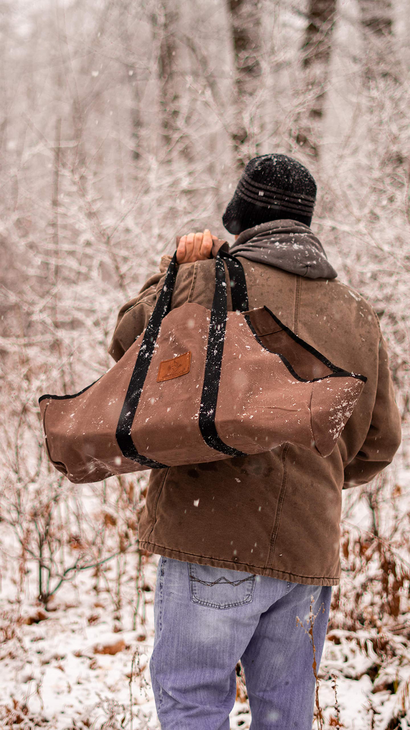 WHITEDUCK TUFF Large Firewood Carrier 21 Oz. Heavy Duty Waxed Canvas Log Carrier Holder for Fireplace, Carrying Wood Indoor & Outdoor (Black, Boat Shape (26"x17"x9"))