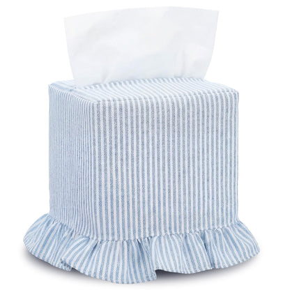 Sawysine Fabric Coastal Tissue Box Cover Light Blue White Linen Tissue Box Cover Decorative Beach Square Napkin Holder for Home Bedroom Living Room Bathroom Office Kitchen