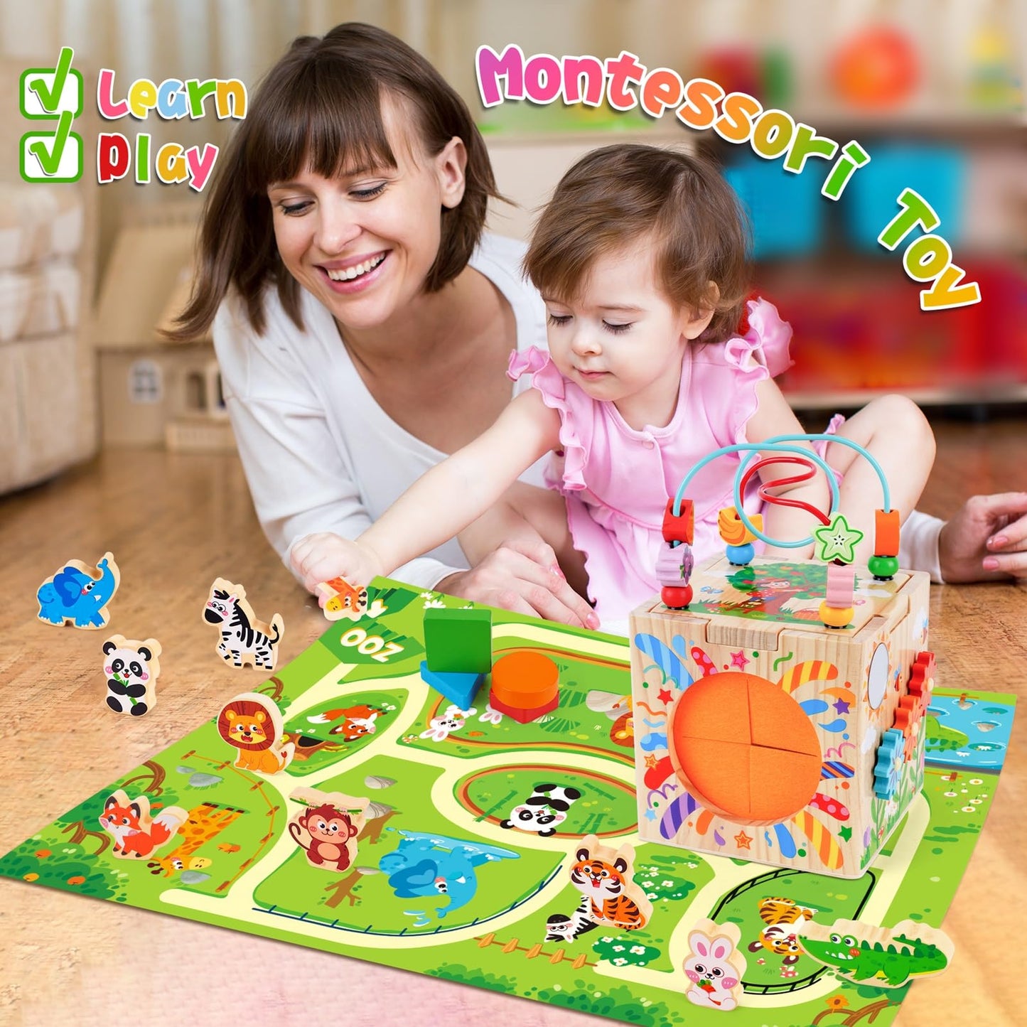 Wooden Activity Cube | Montessori Toys for 1-2 Year Old Toddlers | One Year Old 1st First Birthday Gift | Developmental Toys for 12 Months Baby Boys Girls | Bonus Sorting & Stacking Board (Pink)