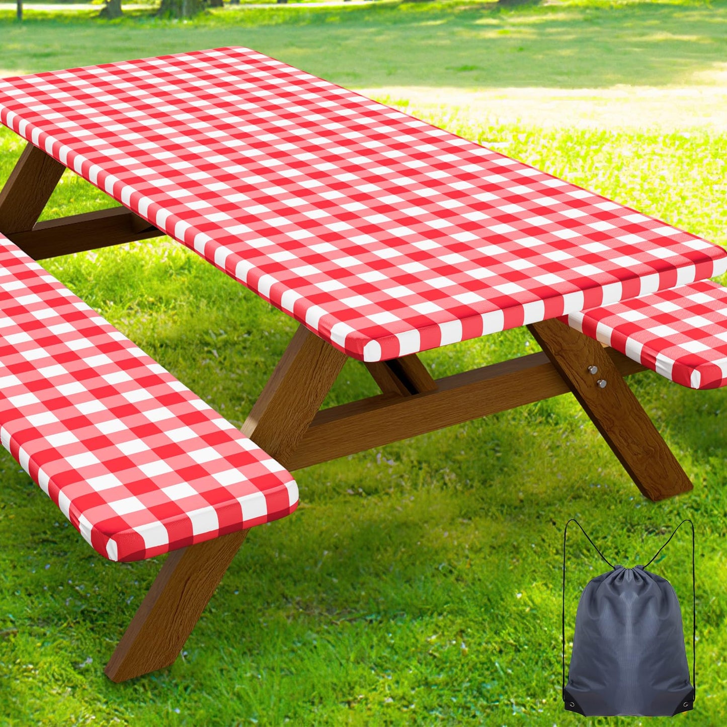 Smiry Picnic Table Cover with Bench Covers, Waterproof Elastic Fitted Tablecloths for 6 Foot Rectangle Tables, Washable Buffalo Plaid Tablecloth for Camping & Christmas(Red & White, 30"x72")