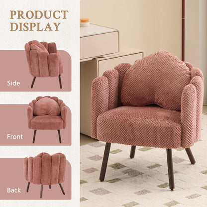 Furniliving Pink Vanity Chair, Velvet Accent Chair for Living Room, Shell Chairs with Wooden Legs, Makeup Chair for Bedroom, Armchair Cute Petal Reading Chair with Pillow