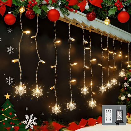 Icicle Lights for Outside 180 Clear Warm White 5MM Led 26.4ft White Wire Snowflake with 8 Mode Function Curtain String Lights Indoor Warm White and Outdoor for roof Patio Garden Bedroom (Remote)