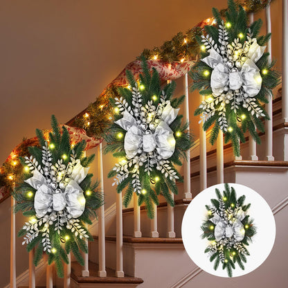 Hiboom 3 Pack Artificial Christmas Teardrop Swags 24" Xmas Cordless Prelit Stairway Swag Christmas Garland Stairs Rails Decoration with LED Lights for Indoor Outdoor(Silver,Classic Style)