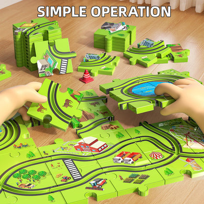 JUKUDAHU 64 Pieces Puzzle Race Track Car Set Toys for 3 4 5 6 Year Old Boys - Puzzle Tracks Car Toys for Kids Ages 3-5 with 3 Sliding Toy Cars, City-Themed, Birthday Gifts for Toddlers 1-3 2-4 4-6
