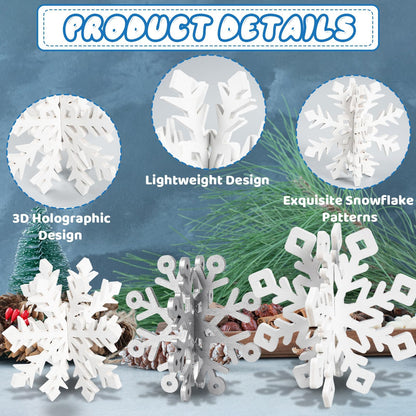 OuMuaMua Winter Christmas Centerpiece Table Decorations - 12pcs Wooden Snowflakes Decor 3D Silver White Snowflake Tabletop Decor for Xmas Holiday Tiered Tray Winter Farmhouse Decor