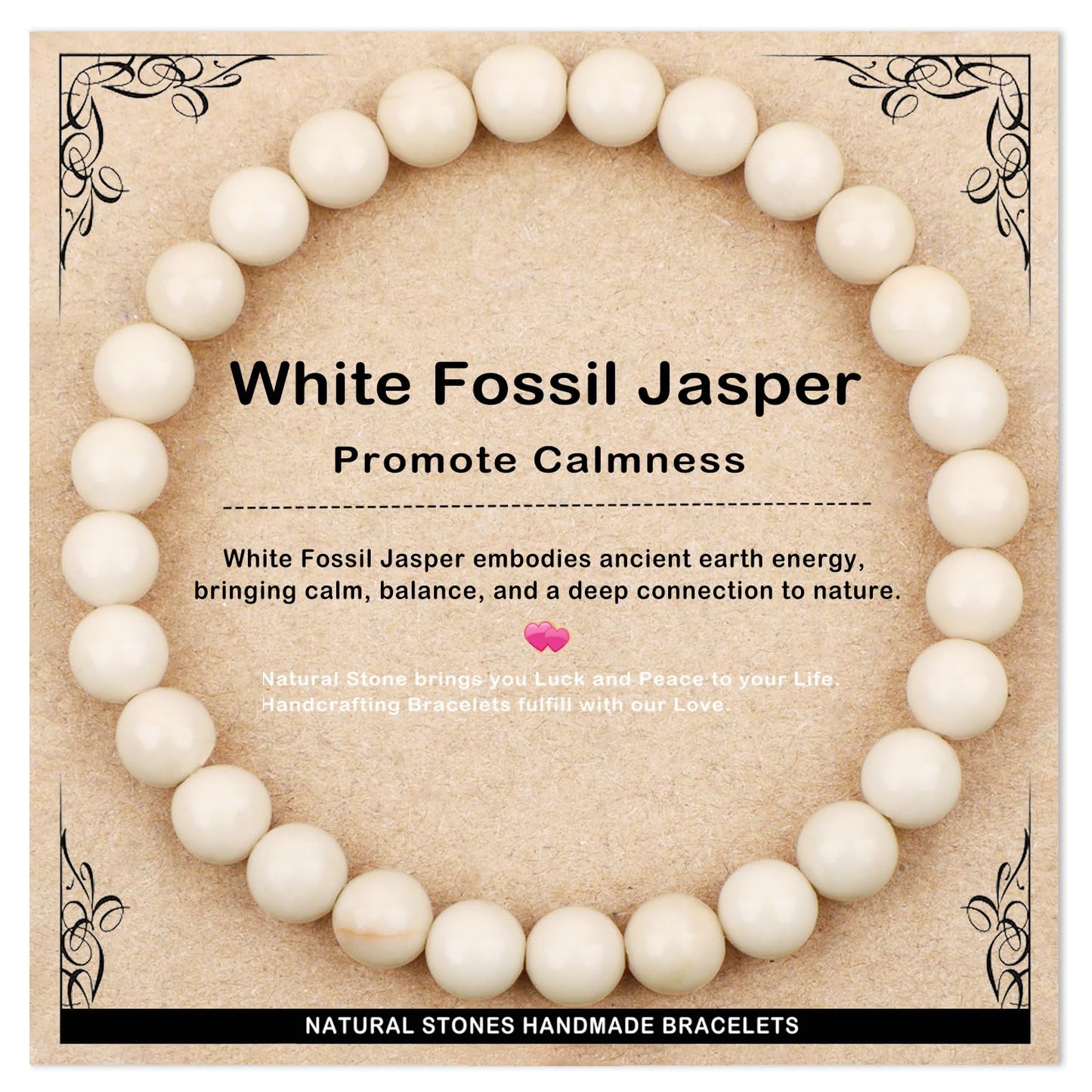 AD Beads 6mm Handmade White Fossil Jasper Elastic Bracelet – Natural Gemstone for Promote calmness – Meditation, Yoga, Healing and Energy Gift for Men Women