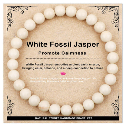 AD Beads 6mm Handmade White Fossil Jasper Elastic Bracelet – Natural Gemstone for Promote calmness – Meditation, Yoga, Healing and Energy Gift for Men Women