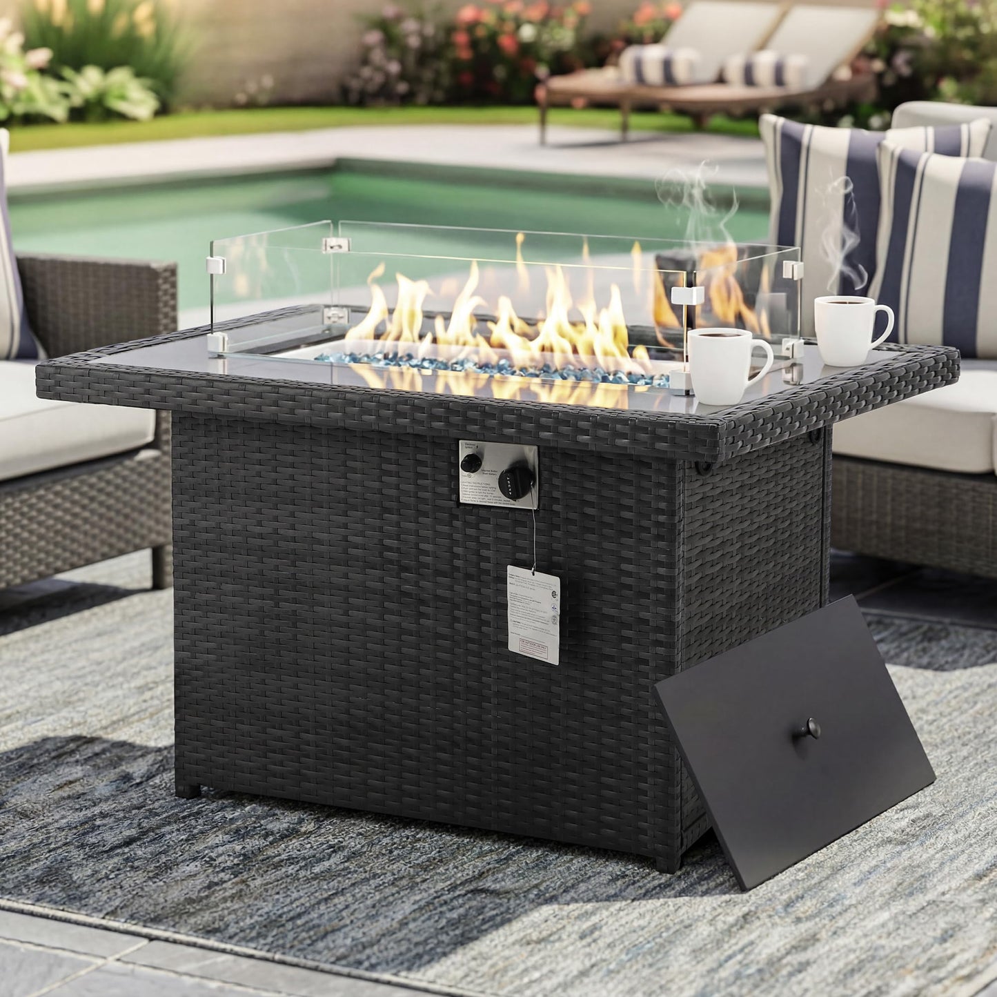 BULEXYARD PE Wicker 43" Patio Outdoor Propane Fire Pit Table with Waterproof Cover 55,000 BTU Auto-Ignition Gas Fire Pit Table with 8mm Tempered Glass Table Top and Glass Stone (Grey)