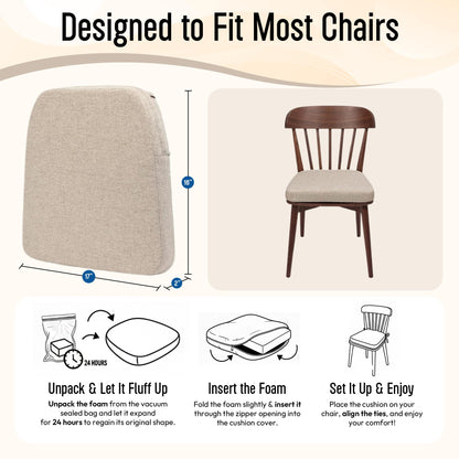 KVENLAND CO Chair Cushions for Dining Chairs - 17" x 16" x 2" D-Shaped Indoor Seat Cushions - Non Slip Chair Pads with Removable Ties and Washable Cover Set of 4 - Chair Leg Pads Included - Beige