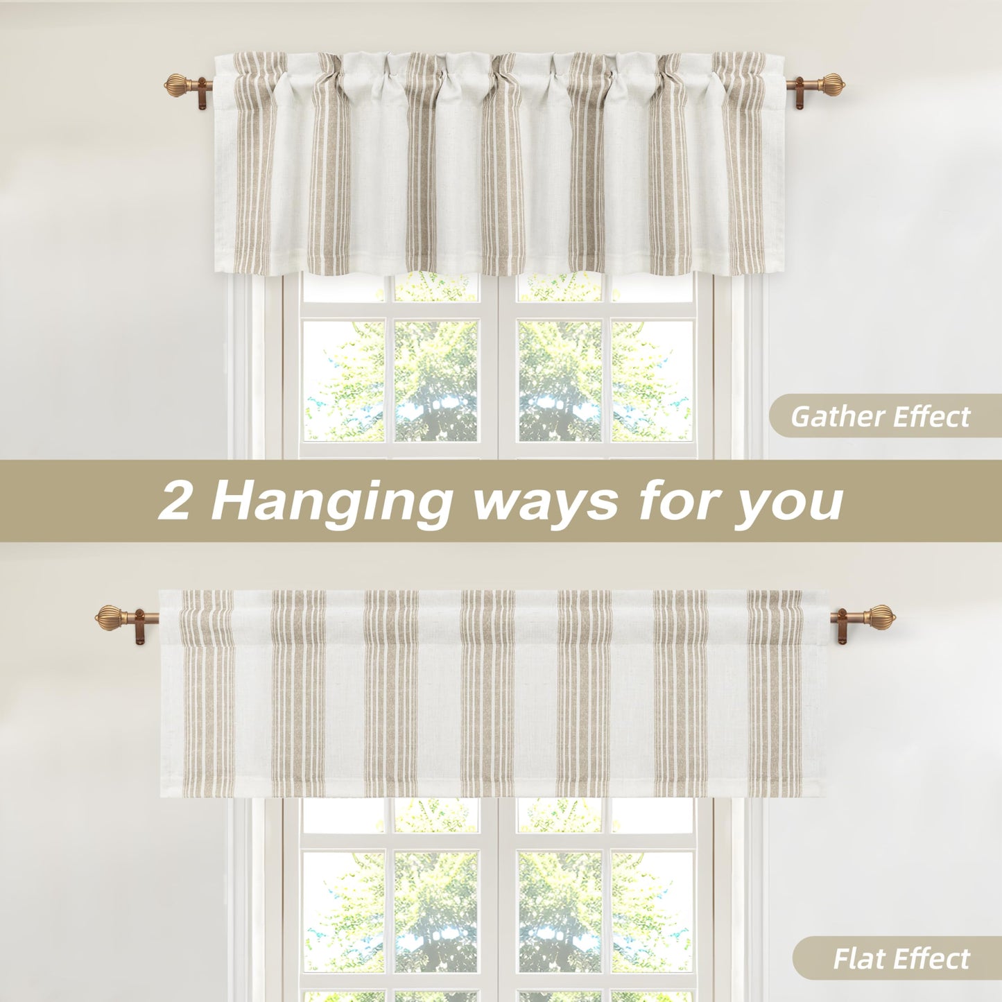 DriftAway Chris Linen Lined Valance 2 Layer Thermal Insulated Room Darkening Blackout Window Valances 3 Inch Rod Pocket Vertical Striped Kitchen Valance for Bathroom 52 Inch by 14 Inch Camel Beige