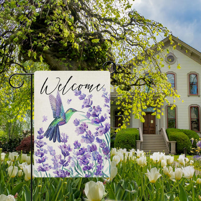 Dyrenson Welcome Spring Summer Hummingbird Lavender Decorative Garden Flag, Purple Flower Floral Yard Outside Home Decorations, Seasonal Burlap Outdoor Small Decor Double Sided 12 x 18