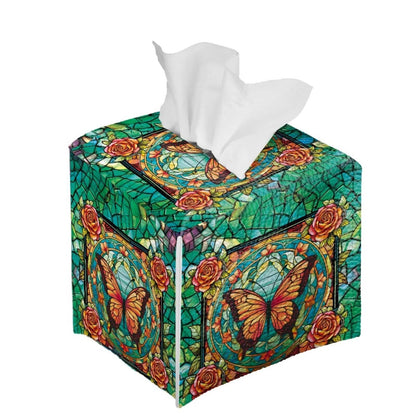 Lotusorchid Butterfly Rose Print Tissue Case Cover Square, Waterproof Tissue Box Cover for Home Office, Foldable Kleenex Tissues Cube Boxes with Bottom Belt, Decorative Facial Tissue Cover, Green