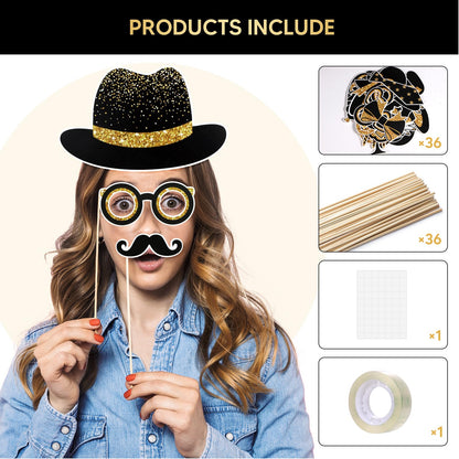 36PCS Black and Gold Photo Booth Prop, Birthday Party Photo Booth Props for Photoshoot Birthday Party Photobooth New Year Graduation Anniversary Party Supplies Black and Gold Graduation Decorations