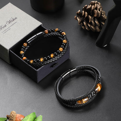 Enjoy Risingsun Tiger Eye Black Leather Bracelet Men Natural Tiger Eye Obsidian Gemstone Crystal Stone Jewelry Handmade Courage And Stress Relief Protection Bracelet